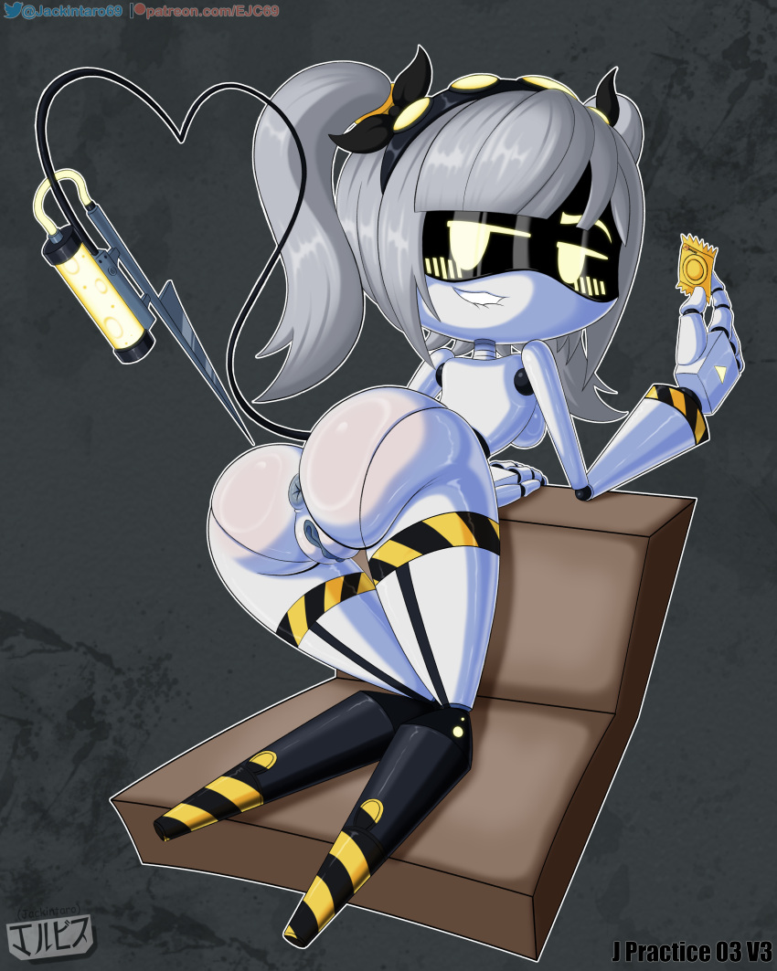 anus ass biting_lip blush condom digital_media_(artwork) disassembly_drone fanart glitch_productions grey_hair j_(murder_drones) jackintaro looking_at_viewer looking_back murder_drones nude pussy ribbons robot robot_girl simple_background tail twin_tails yellow_eyes