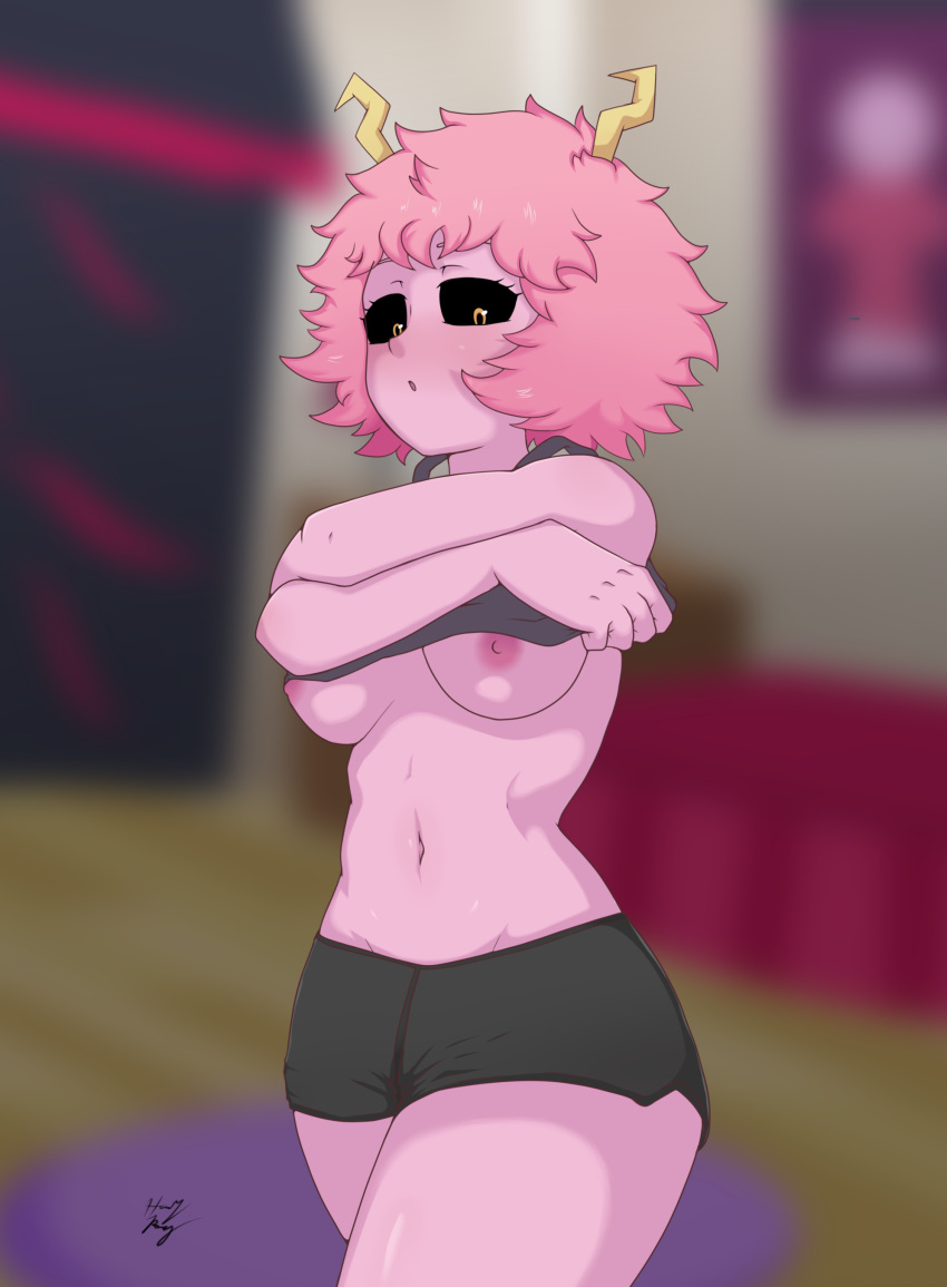 1girl 1girl 1girls areola big_breasts black_sclera breasts clothing female_only hair hound_wolf mina_ashido my_hero_academia nipples pink_hair pink_skin shirt shirt_lift shorts signature undressing watermark yellow_eyes