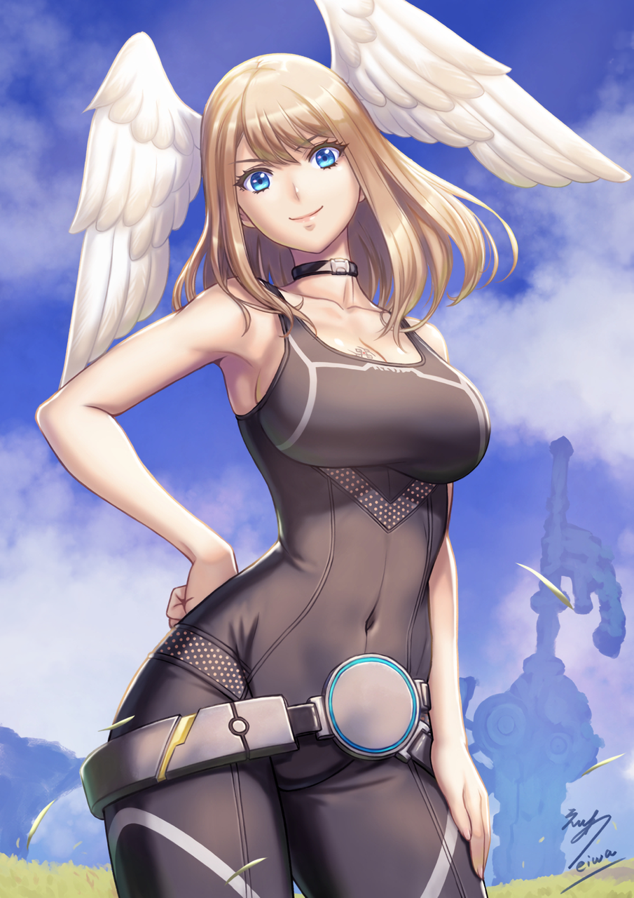 1girl 1girl alluring bare_arms belt big_breasts black_bodysuit black_choker blue_eyes blue_sky bodysuit breast_tattoo brown_hair choker cleavage closed_mouth collarbone commentary_request contrapposto covered_navel cowboy_shot eiwa eunie_(xenoblade) eyelashes feathered_wings hand_on_own_hip head_wings looking_at_viewer medium_hair signature sky sleeveless sleeveless_bodysuit smile standing tattoo wings xenoblade_(series) xenoblade_chronicles_3