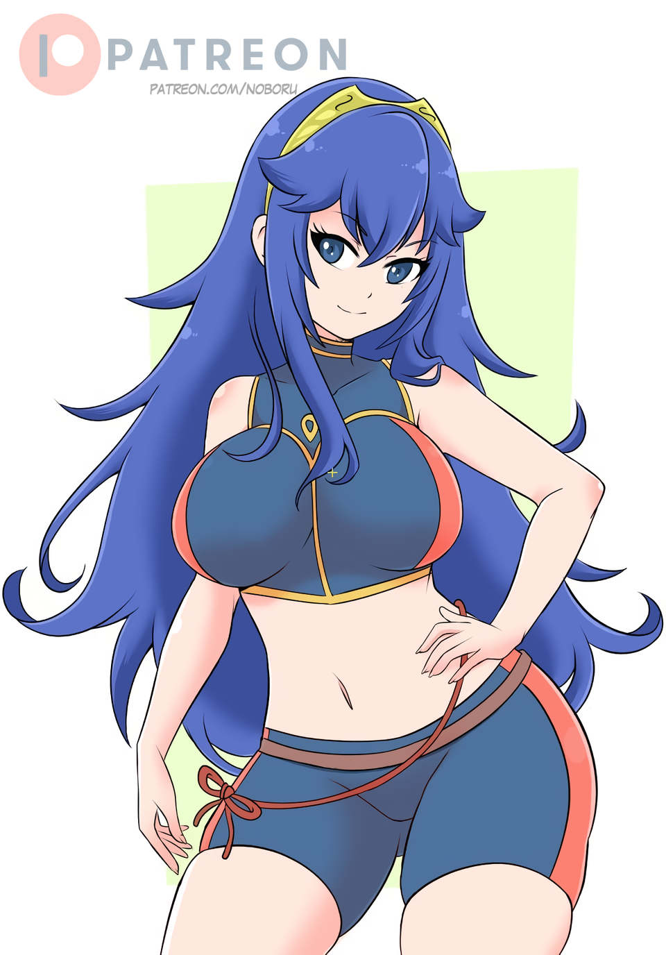 1girl alluring alternate_costume ass_visible_through_thighs bare_arms bare_midriff bare_thighs big_breasts bikini blue_bikini blue_eyes blue_hair blue_swimsuit female_only fire_emblem fire_emblem_awakening fire_emblem_cipher long_hair lucina lucina_(fire_emblem) midriff nintendo noboru_revista official_alternate_costume simple_background smile swimsuit thighs tiara very_long_hair white_background