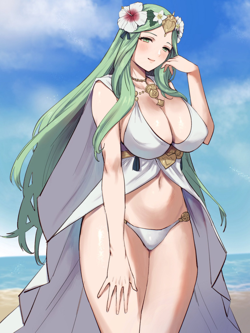 1girl alluring alternate_costume beach big_breasts bikini blue_sky cleavage cloak closed_mouth cloud cowboy_shot curvy day female_only fire_emblem fire_emblem:_three_houses fire_emblem_heroes flower gold_necklace green_eyes green_hair hair_flower hair_ornament hand_up head_wreath high_res jewelry long_hair looking_at_viewer navel necklace nintendo ocean official_alternate_costume outside oyasu3755 rhea_(fire_emblem) rhea_(summer)_(fire_emblem) sky smile stomach swimsuit very_long_hair white_bikini white_cloak white_swimsuit yamamori_kinako