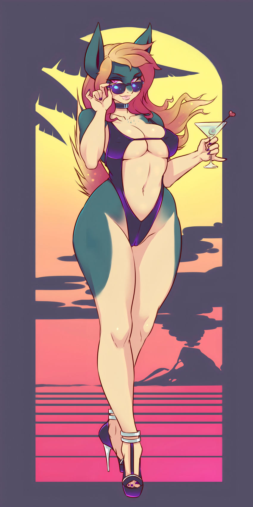 1girl beach big_ass big_breasts bikini blue_skin cock-tail live_for_the_funk long_ears long_hair orange_hair platform_shoes quilava red_hair seductive sunglasses swimsuit tail typhlosion yellow_skin