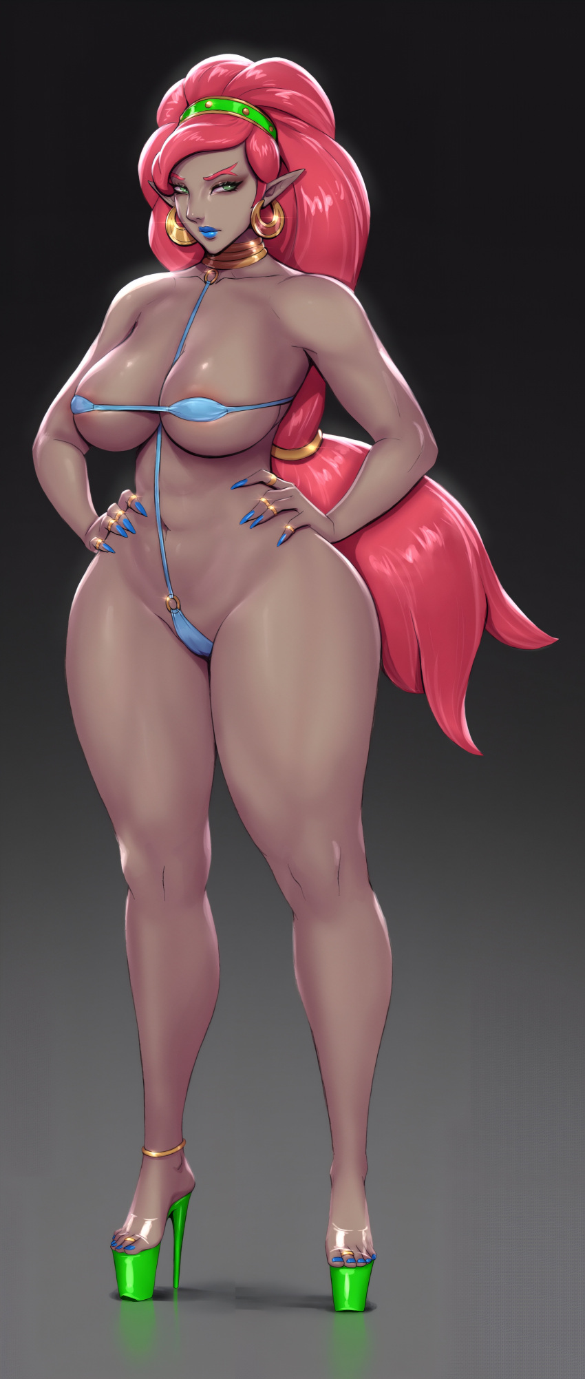 1girl big_ass big_breasts bikini brown_skin long_hair micro_bikini pinkdrawz platform_shoes posing red_hair seductive sling_bikini tall_female urbosa