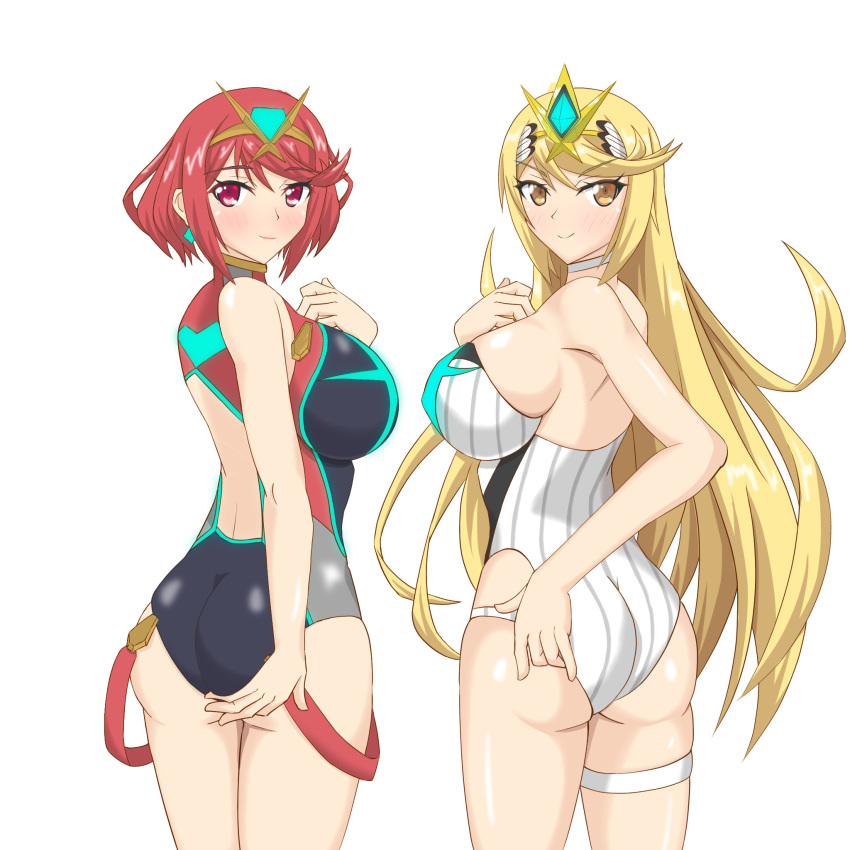 2girls alluring ass big_breasts bikini blonde_hair flag_(artist) mythra nintendo one-piece_bikini pin_up pyra red_eyes red_hair xenoblade_(series) xenoblade_chronicles_2 yellow_eyes