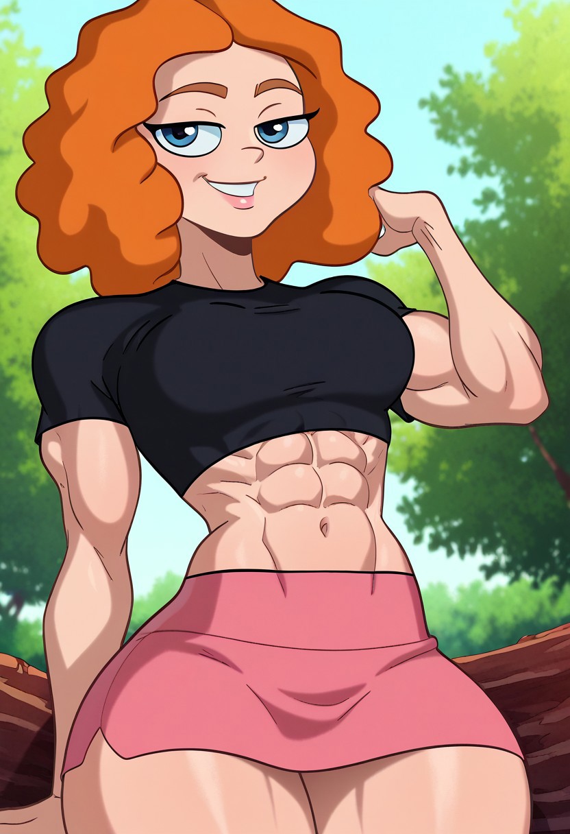 abs ai_generated bare_midriff big_breasts blue_eyes female_abs female_only ginger ginger_hair looking_at_viewer melissa_chase milo_murphy's_law miniskirt muscle muscular muscular_female orange_hair red_hair redhead stable_diffusion thick_thighs