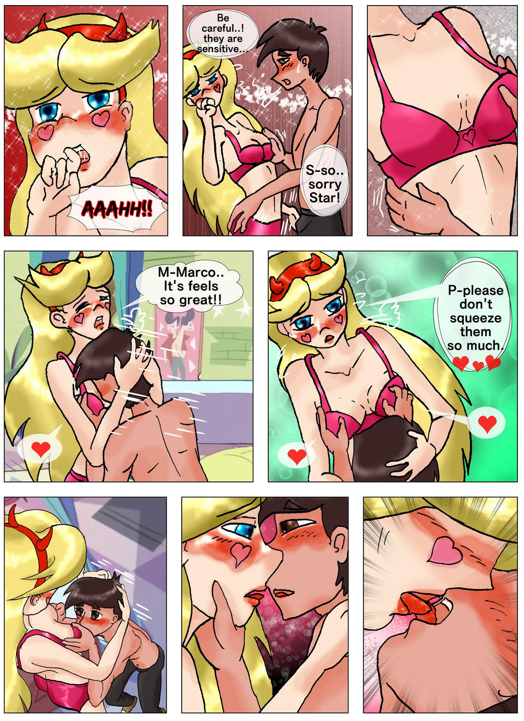 1boy 1girl ass blonde_hair blue_eyes bra breasts brown_eyes brown_hair canon_couple cleavage comic french_kiss horns marco_diaz star_butterfly star_vs_the_forces_of_evil