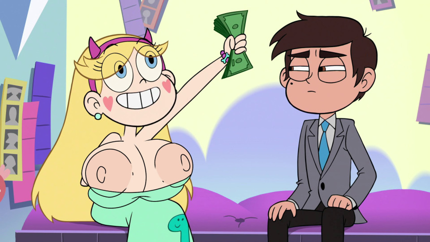 1boy 1girl blonde_hair blue_eyes breasts brown_eyes brown_hair canon_couple dollar_bills horns marco_diaz nipples star_butterfly star_vs_the_forces_of_evil