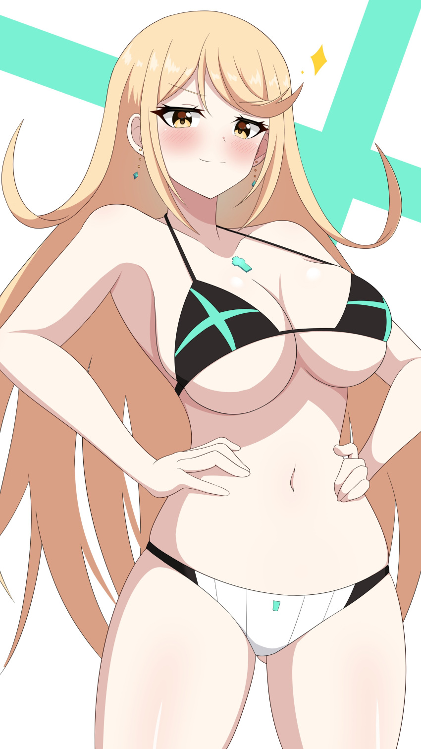 1girl 1girl 1girl alluring big_breasts bikini blonde_hair core_crystal female_only hello_pty mythra nintendo swimsuit tagme under_boob xenoblade_(series) xenoblade_chronicles_2 yellow_eyes