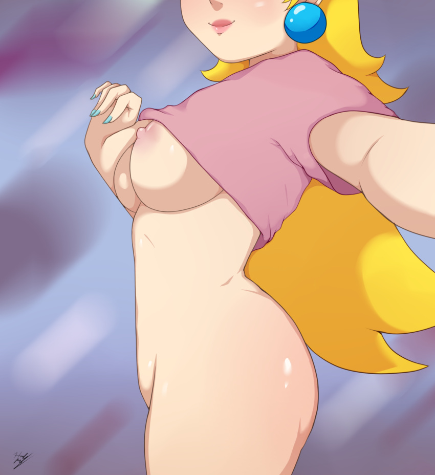 1girl 1girl 1girls areola big_breasts blonde_hair blue_nails breasts earrings female_only hair hound_wolf human lifted_by_self long_hair mario_(series) nail_polish nintendo nipples princess princess_peach seductive selfpic shirt shirt_lift simple_background standing teasing very_long_hair video_games