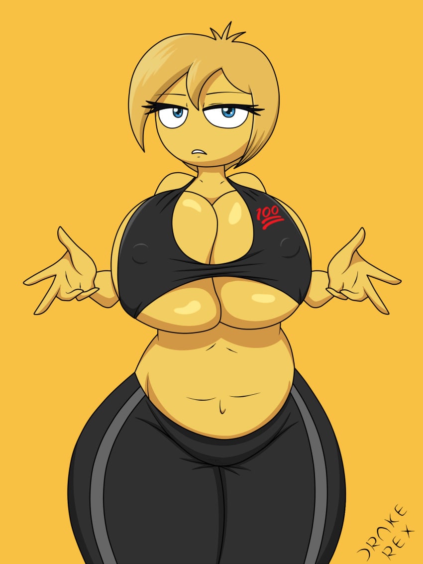 1girl 1girl 5_fingers big_ass big_breasts blonde_hair blue_eyes drake-rex emoji emoji_(race) gym_uniform mary_meh mature_female meme milf mrs._meh pogchamp sony_pictures_animation source_request tagme the_emoji_movie thick_thighs yellow_body yellow_skin yoga_pants