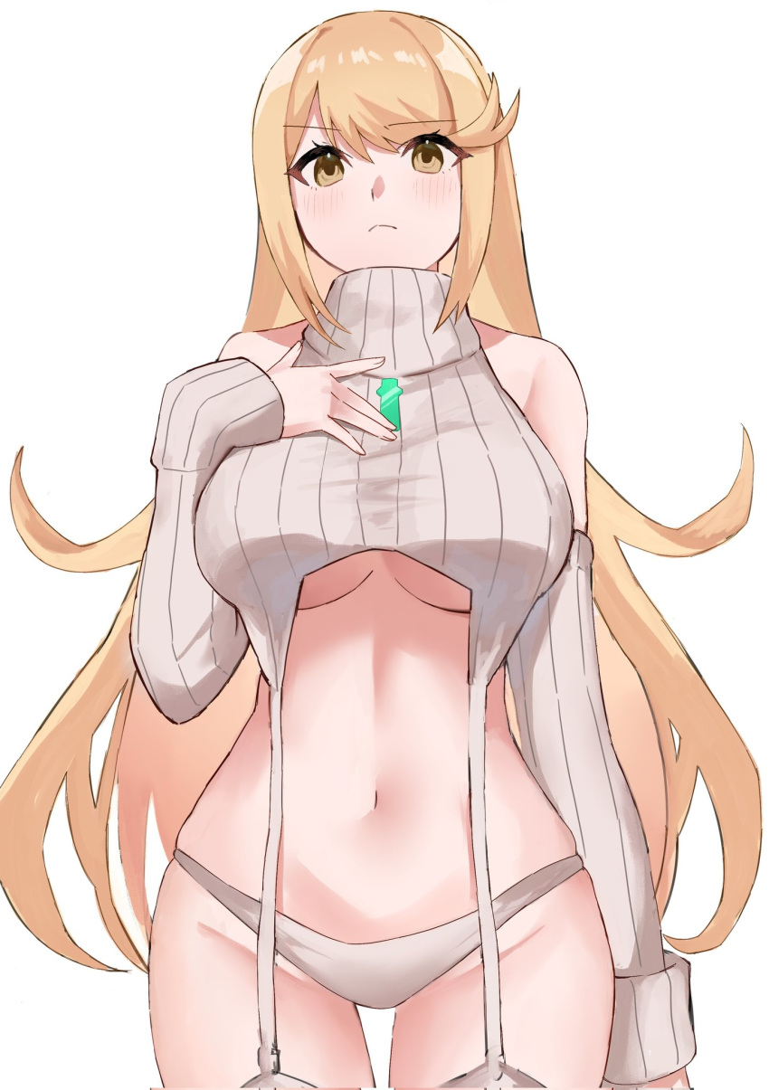 1girl 1girl alluring bare_shoulders big_breasts blonde_hair core_crystal_(xenoblade) curvy detached_sleeves garter_straps hair_between_eyes high_res light_frown long_hair meme_attire mythra navel panties skindentation sleeveless sleeveless_sweater sleeves_past_wrists standing sweater thigh_gap turtleneck turtleneck_sweater underwear very_long_hair virgin_destroyer_sweater white_panties white_sleeves xenoblade_(series) xenoblade_chronicles_2 yellow_eyes yukimimi16792