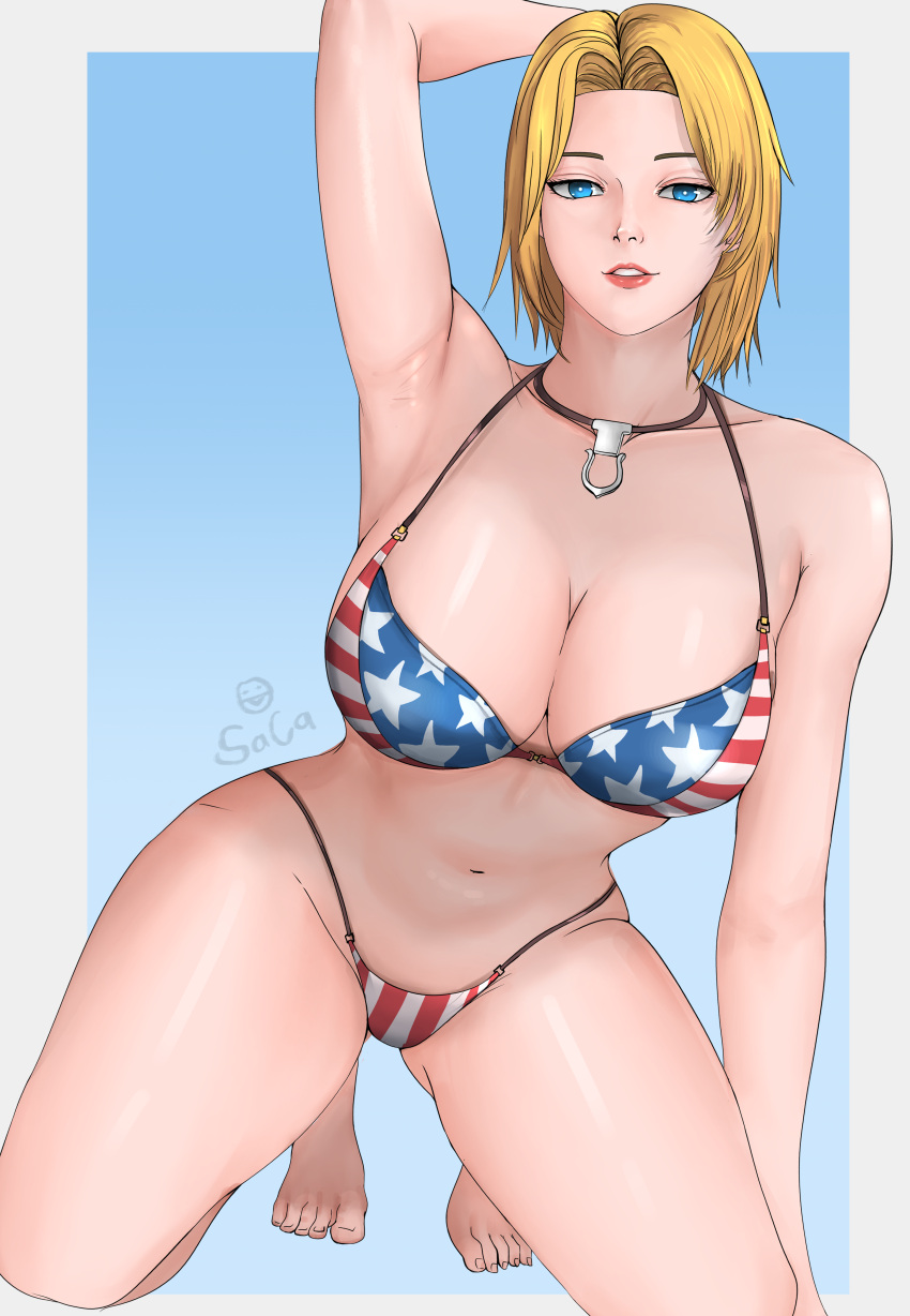 1girl absurd_res alluring american_flag_bikini bare_legs barefoot big_breasts bikini blonde_hair blue_eyes border cleavage dead_or_alive dead_or_alive_2 dead_or_alive_3 dead_or_alive_4 dead_or_alive_5 dead_or_alive_6 dead_or_alive_xtreme dead_or_alive_xtreme_2 dead_or_alive_xtreme_3 dead_or_alive_xtreme_3_fortune dead_or_alive_xtreme_beach_volleyball dead_or_alive_xtreme_venus_vacation feet gradient_background high_res highleg highleg_bikini horseshoe kneel looking_at_viewer medium_hair micro_bikini necklace parted_lips pose saca signature simple_background swimsuit team_ninja tecmo thighs tina_armstrong voluptuous voluptuous_female wide_hips