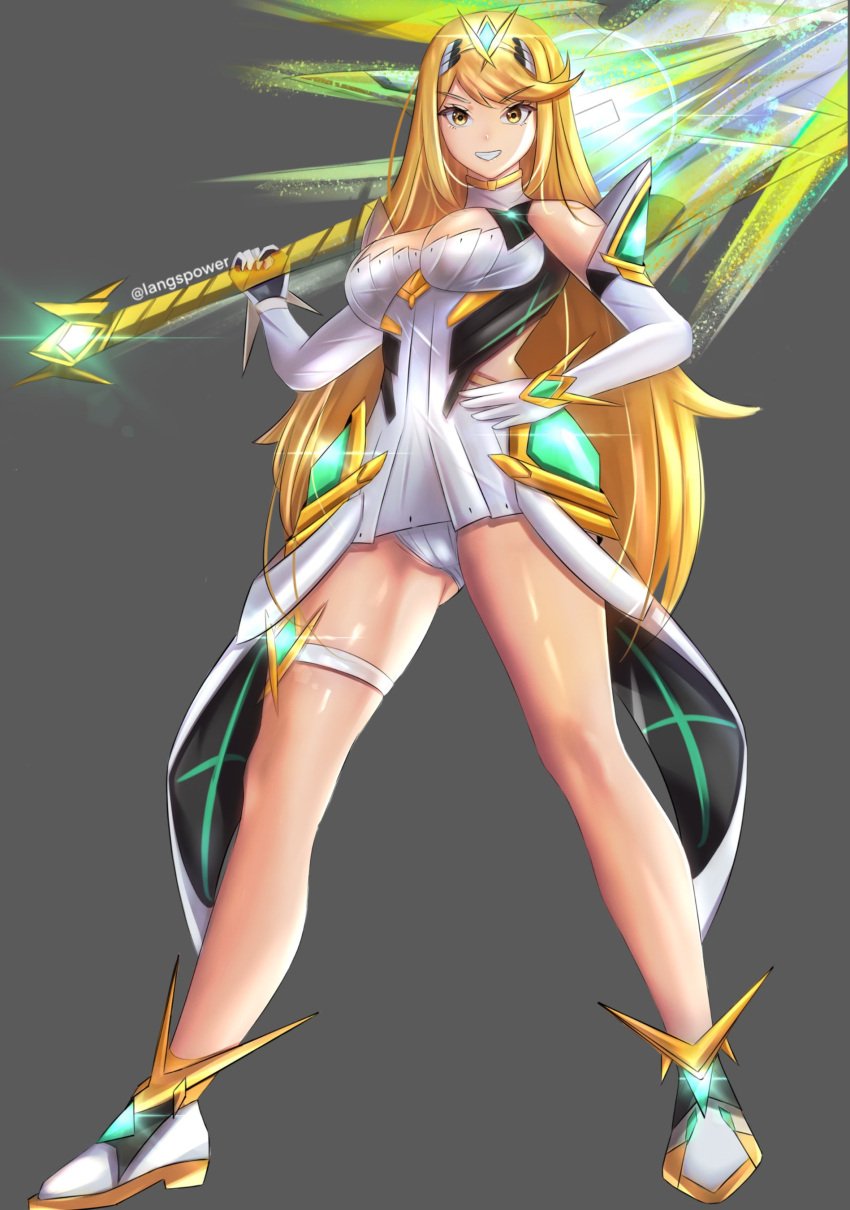 1girl alluring artist_name big_breasts blonde_hair cameltoe gloves grin hand_on_own_hip high_res langspower legs long_hair looking_at_viewer mythra panties pantyshot smile sword thighs underwear weapon white_panties xenoblade_(series) xenoblade_chronicles_2