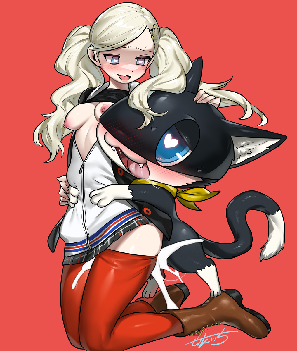 1girl ann_takamaki beastiality blonde_hair blue_eyes breasts cum cum_in_pussy interspecies morgana morgana_(persona_5) nipples persona_5 sex sex_from_behind