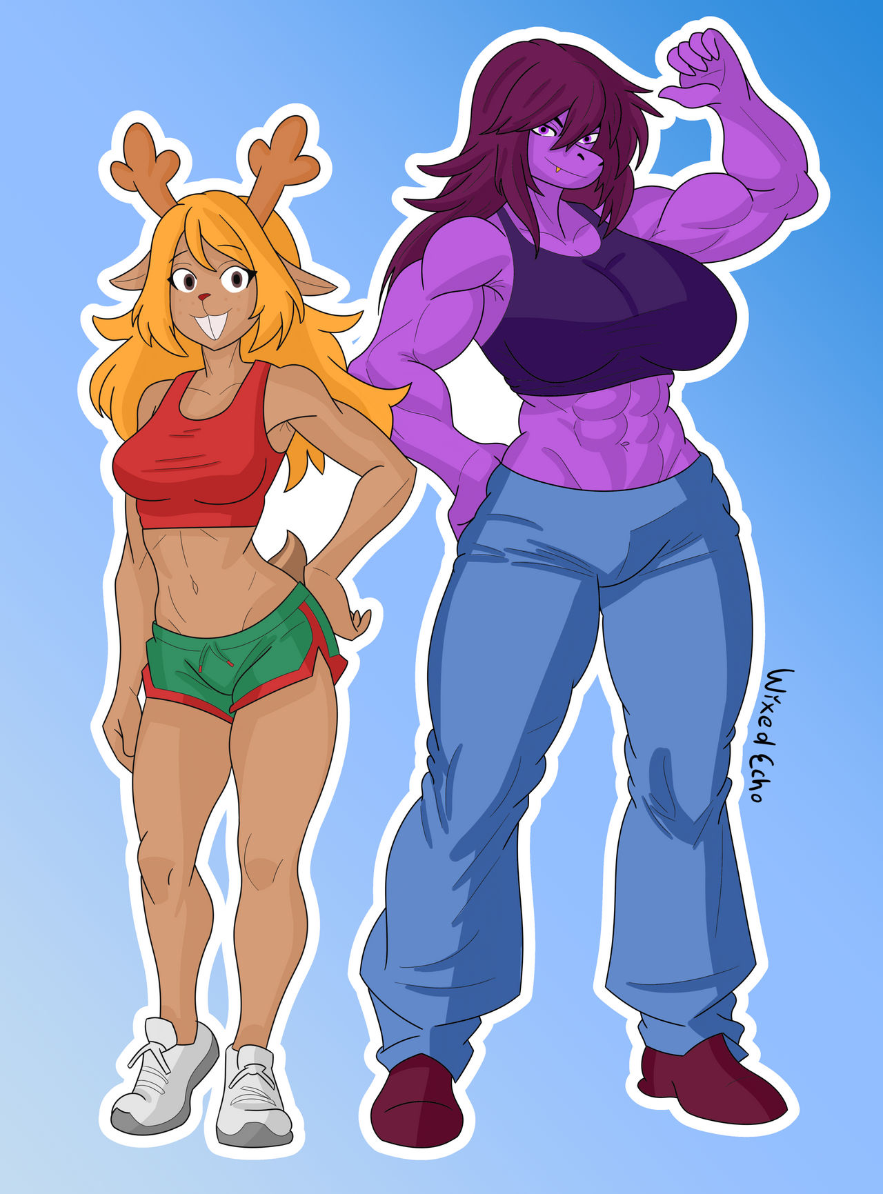 2020s 2023 2_girls 2d 2d_(artwork) 5_fingers abs alternate_costume anthro anthro_only antlers artist_name ass big_breasts blonde_hair blue_background blue_bottomwear bottomwear breast_size_difference breasts brown_body brown_eyes brown_fur buckteeth capreoline cervid cervine clothed clothed_anthro clothed_female clothing crop_top deer deer_ears deer_girl deer_tail deltarune deviantart digital_media_(artwork) duo female_abs female_anthro female_only flexing footwear full_body fur furry furry_female gradient_background green_bottomwear green_shorts hair hand_on_hip hand_on_own_hip larger_female lizard lizard_girl long_hair looking_at_viewer mammal medium_breasts midriff monster monster_girl muscle muscular muscular_anthro muscular_female navel nipples noelle_holiday noelle_holiday_(light_world_form) pinup purple_crop_top purple_eyes purple_tank_top purple_topwear pussy red_crop_top red_tank_top red_topwear reindeer reptile reptile_girl scalie scalie_female shoes shorts simple_background smaller_female sneakers standing susie_(deltarune) susie_(light_world_form) tank_top teeth topwear undertale_(series) video_game_character video_games white_outline wixedecho