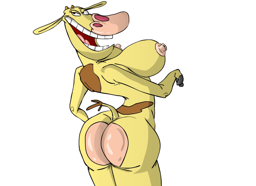 animal_ears animal_tail anthro ass big_breasts blonde_hair bovine breasts cartoon_network cow_(cow_and_chicken) cow_and_chicken eevo furry hair hooves horns huge_breasts looking_at_viewer nipples nude pose presenting presenting_hindquarters sideboob tail