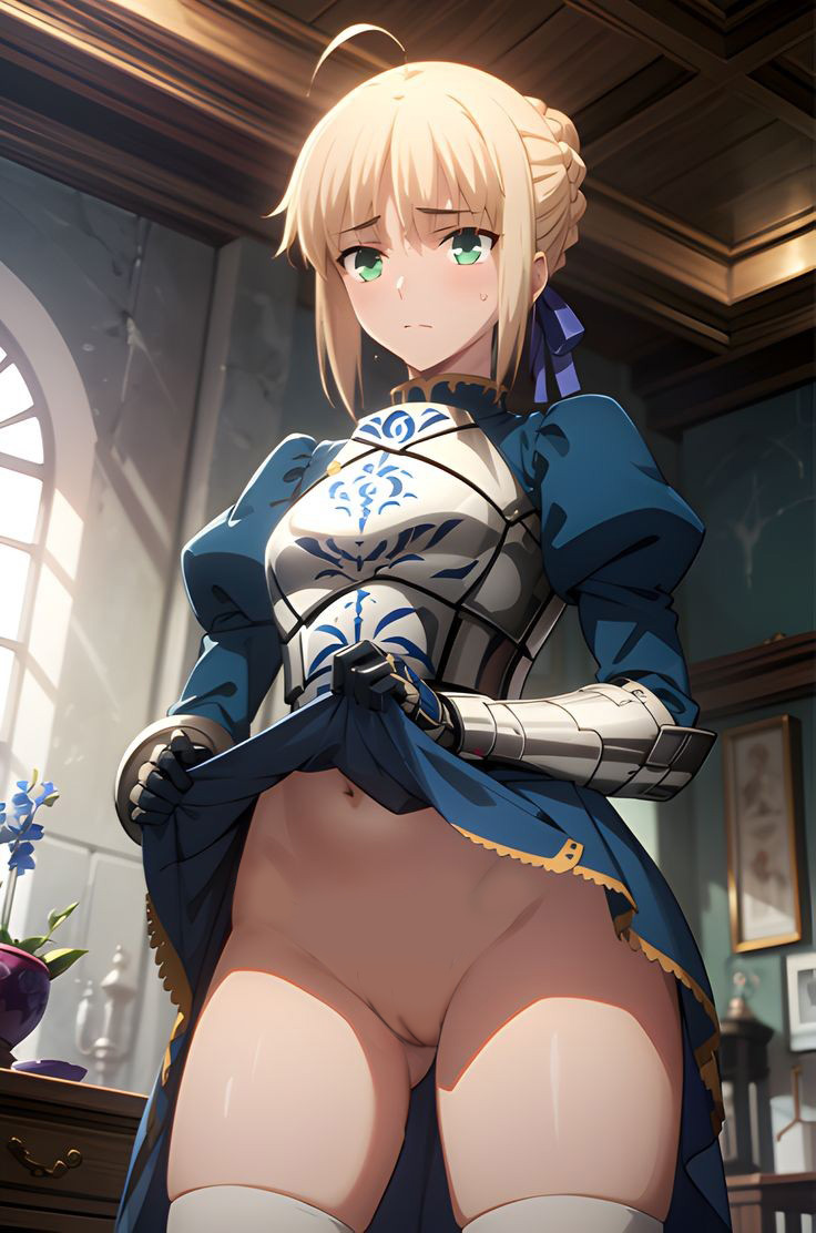 armored_dress arturia_pendragon_(fate) blonde_hair bottomless fate_(series) green_eyes lifted_by_self lifting_dress long_hair looking_at_viewer looking_down nekom14 no_panties pussy white_thighhighs