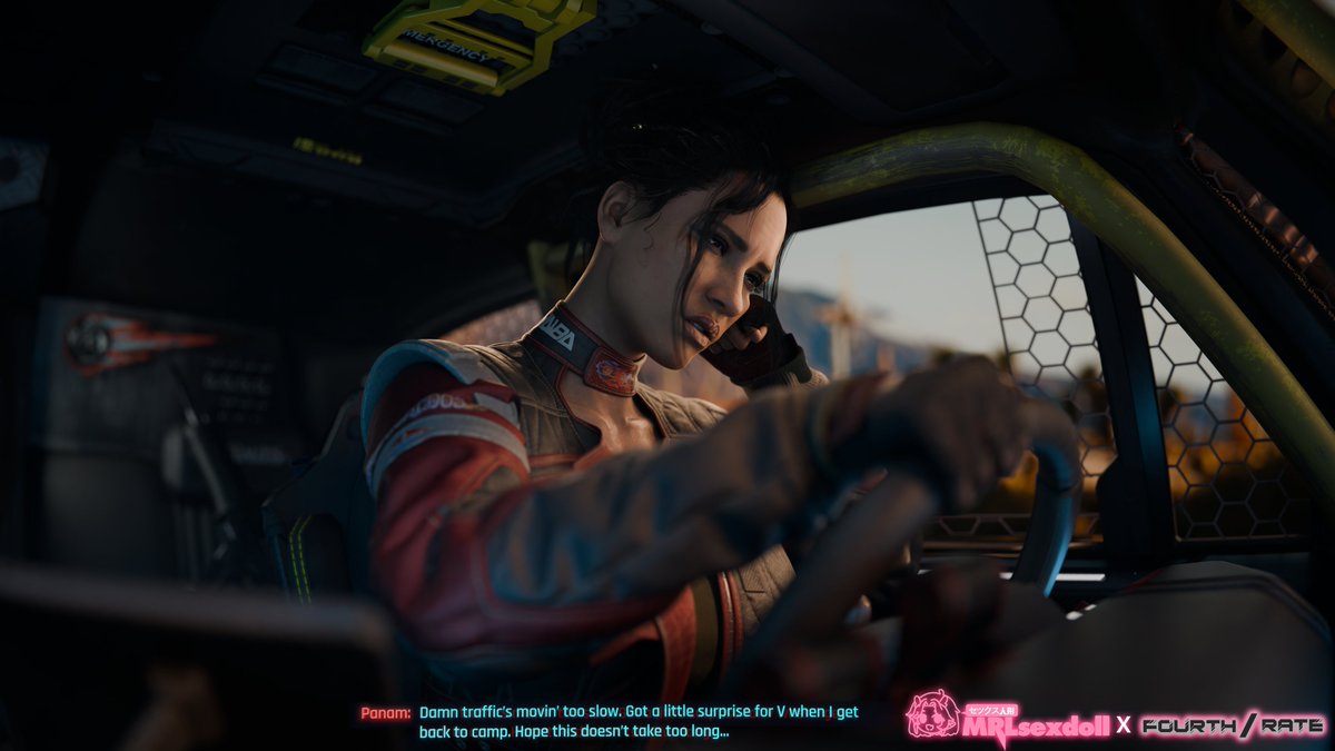 1boy 1girl 1girl 1girl 3d 3d_render black_hair breasts car clothing cockpit dark-skinned_male dark_skin driving english_text facial_hair gloves ground_vehicle male male_focus motor_vehicle penis realistic science_fiction steering_wheel