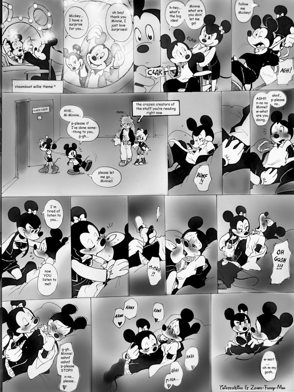 1girl bondage bound bra breasts brush collar comic disney domination female_domination femdom handjob kissing leash licking male malesub masturbation mickey_mouse minnie_mouse mouse nipple_licking penis rodent submissive twistedterra