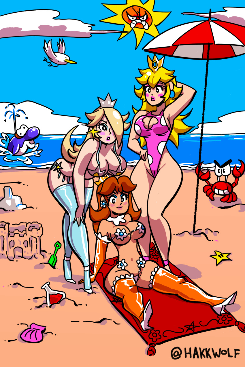 beach breasts crab dolphin hakkwolf nintendo princess_daisy princess_peach rosalina seagull sun