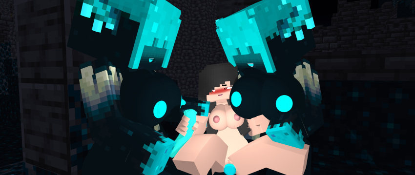 black_hair blue_blush blue_hair blush blush breasts breasts dickgirl dickgirl/female dildo dildo_in_pussy glowing_nipples glowing_penis handjob minecraft minecraft_mob minecraft_xxx red_eyes warden_(minecraft) yuri