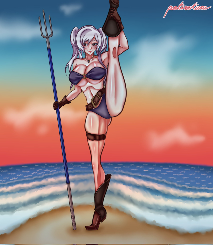 1girl 1girl 1girl alluring alternate_costume beach big_breasts bikini boots cleavage female_only fire_emblem fire_emblem_awakening fire_emblem_heroes kick kicking leg_lift nintendo o-ring_bikini ocean official_alternate_costume pakirakuru purple_bikini purple_swimsuit robin_(fire_emblem) robin_(fire_emblem)_(female) robin_(summer)_(fire_emblem)_(female) sand standing_on_one_leg standing_split swimsuit