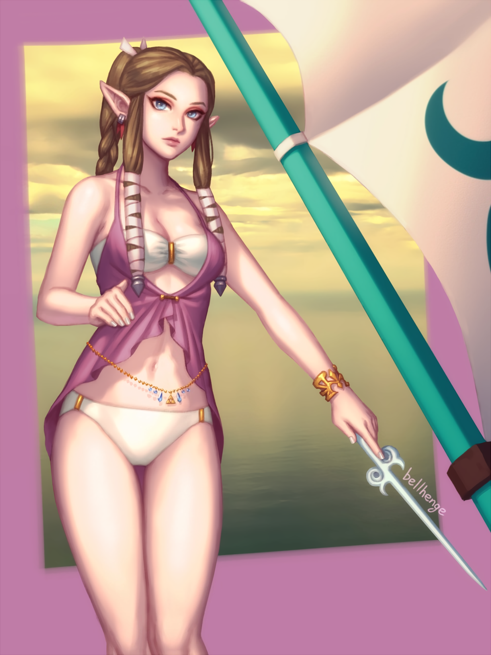 1girl 1girl 1girl alluring bellhenge bikini bikini_bottom bikini_top bracelet brown_hair cleavage earrings female_only grey_eyes long_hair looking_at_viewer medium_breasts navel nintendo outside panties pointy_ears princess_zelda the_legend_of_zelda the_legend_of_zelda:_twilight_princess the_wind_waker thighs twilight_princess wand zelda_(twilight_princess)