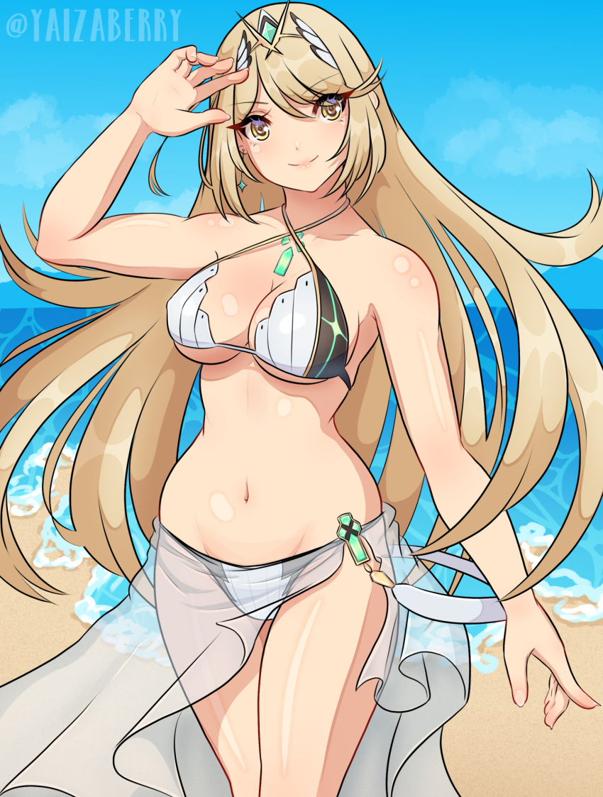 1girl 1girl 1girl alluring big_breasts blonde_hair core_crystal female_only mythra nintendo swimsuit xenoblade_(series) xenoblade_chronicles_2 yaizaberry