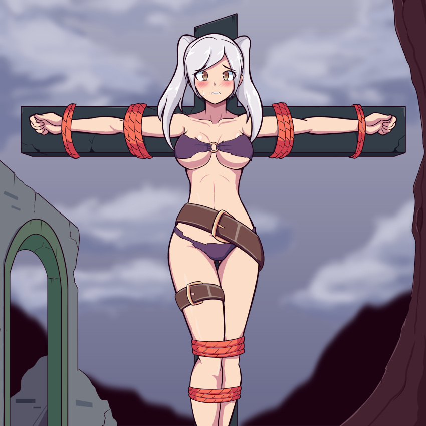 1girl 1girl alluring alternate_costume bare_legs bare_midriff belt big_breasts bikini blush bondage bound brown_eyes captured captured_heroine cross crucifixion defeated defeated_heroine domination female_only femsub fire_emblem fire_emblem_awakening fire_emblem_heroes f****d grey_hair humiliation kidnapped legs medium_hair midriff mrpenguin nintendo o-ring o-ring_bikini official_alternate_costume outside prisoner purple_bikini purple_swimsuit restrained robin_(fire_emblem) robin_(fire_emblem)_(female) robin_(summer)_(fire_emblem)_(female) scared stationary_restraints swimsuit torn_clothes twin_tails under_boob worried