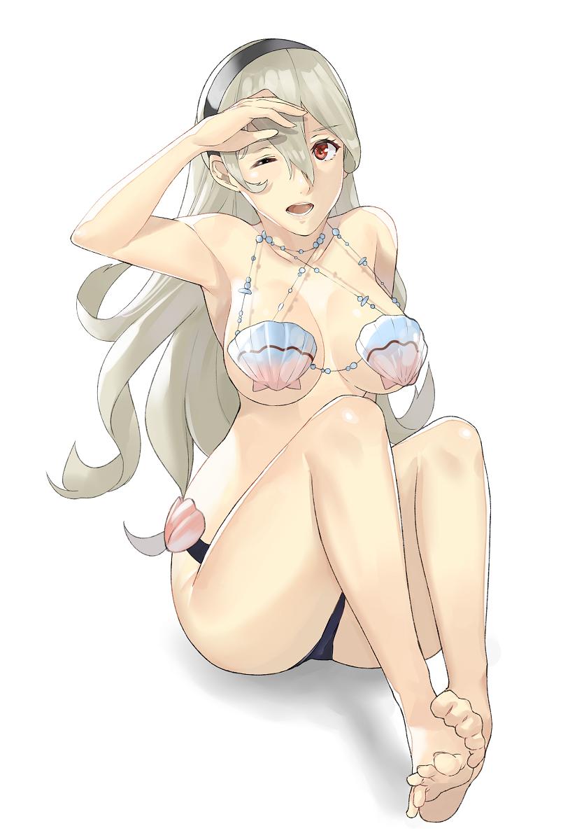 1girl 1girl alluring ass bad_feet barefoot big_breasts bikini corrin_(fire_emblem) corrin_(fire_emblem)_(female) fire_emblem fire_emblem_cipher fire_emblem_fates hair_between_eyes hair_ornament hairband high_res j@ck long_hair navel nintendo pointy_ears red_eyes swimsuit white_background white_hair