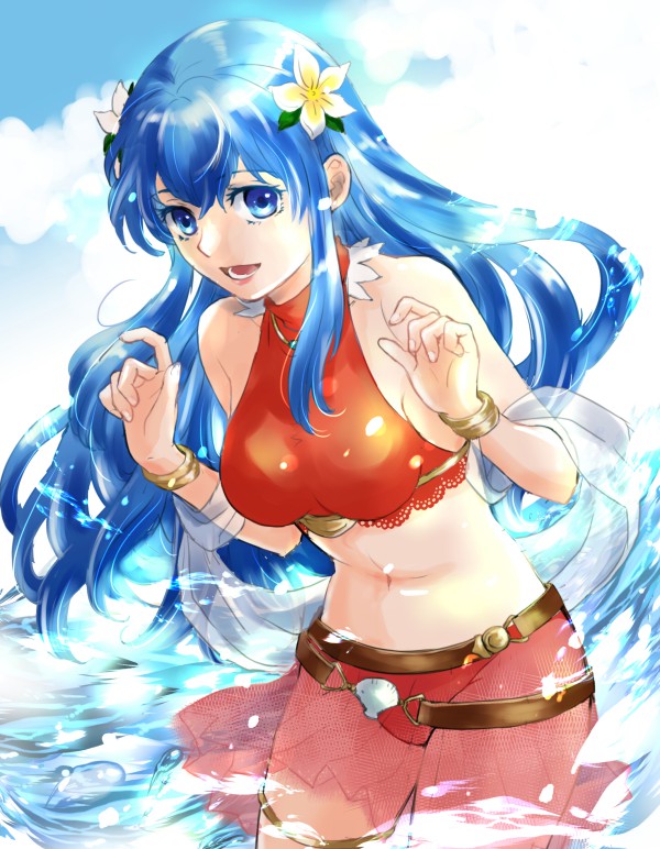 1girl 1girl :d bare_shoulders bikini blue_eyes blue_hair bracelet caeda caeda_(fire_emblem) caeda_(summer)_(fire_emblem) fire_emblem fire_emblem:_mystery_of_the_emblem fire_emblem_heroes flower hair_flower hair_ornament jewelry long_hair looking_at_viewer lower_teeth_only navel nintendo official_alternate_costume open_mouth partially_submerged red_bikini smile swimsuit teeth usachu_now water