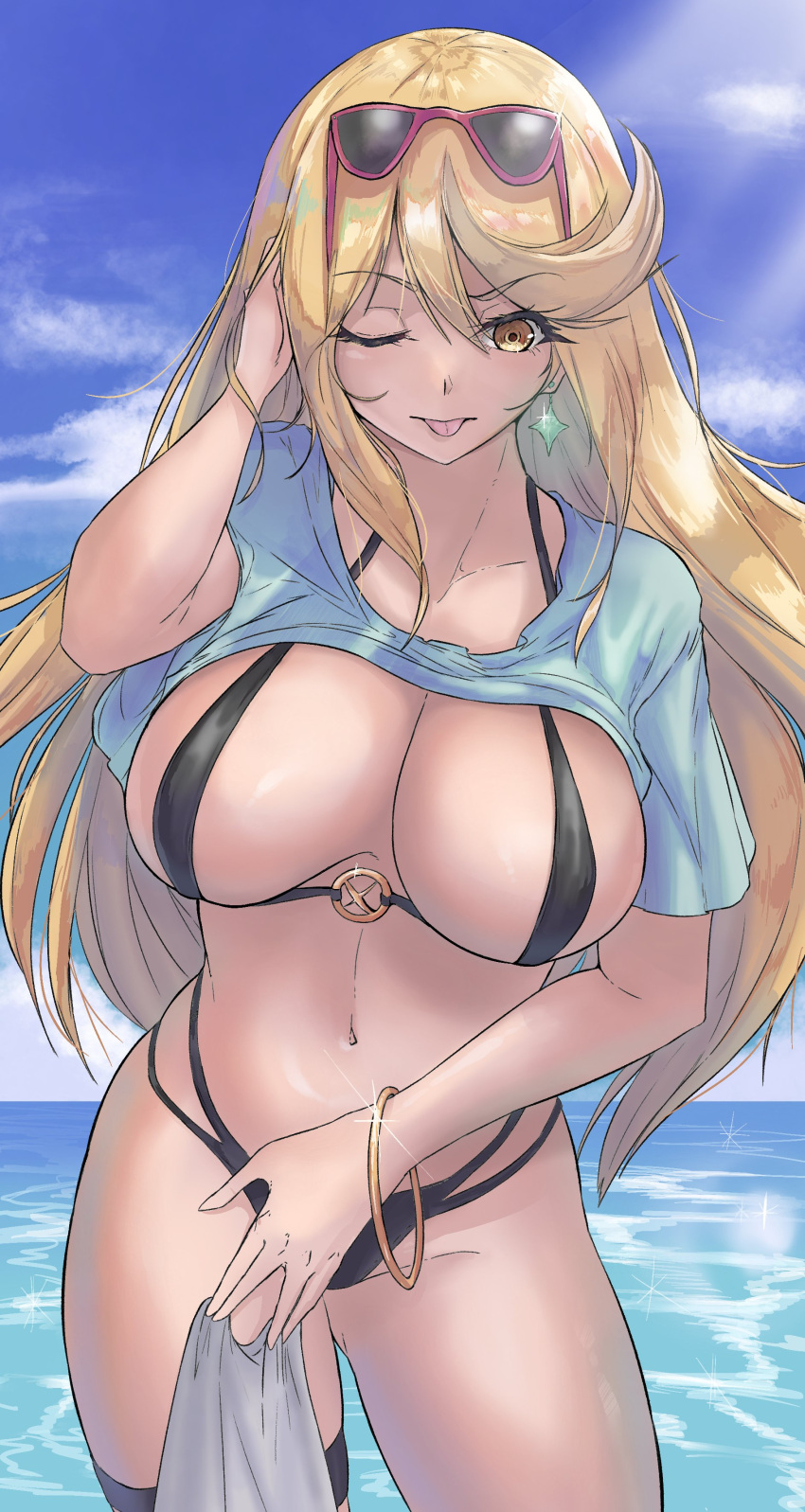 1girl absurd_res alluring big_breasts bikini black_bikini blue_sky bracelet calmgreentori cleavage cloud commentary cowboy_shot earrings english_commentary eyewear_on_head groin hand_in_own_hair high_res jewelry looking_at_viewer mythra navel nintendo one_eye_closed outside sky star_(symbol) star_earrings sunglasses swimsuit thigh_strap tongue tongue_out upper_body xenoblade_(series) xenoblade_chronicles_2