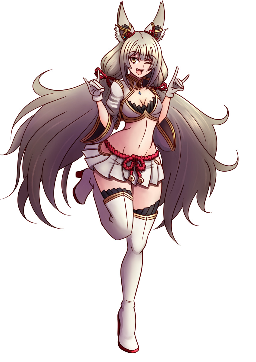 1girl alluring animal_ears black_bra boots bra_peek core_crystal crop_top gloves grey_crop_top grey_skirt high_heel_boots high_heels long_twintails medium_breasts midriff miniskirt navel nia nia_(blade) nia_(xenoblade) nintendo oerba_yun_fang race_queen silver_hair skirt standing_on_one_leg twin_tails will_(willanator93) willanator winking winking_at_viewer xenoblade_(series) xenoblade_chronicles_2 yellow_eyes