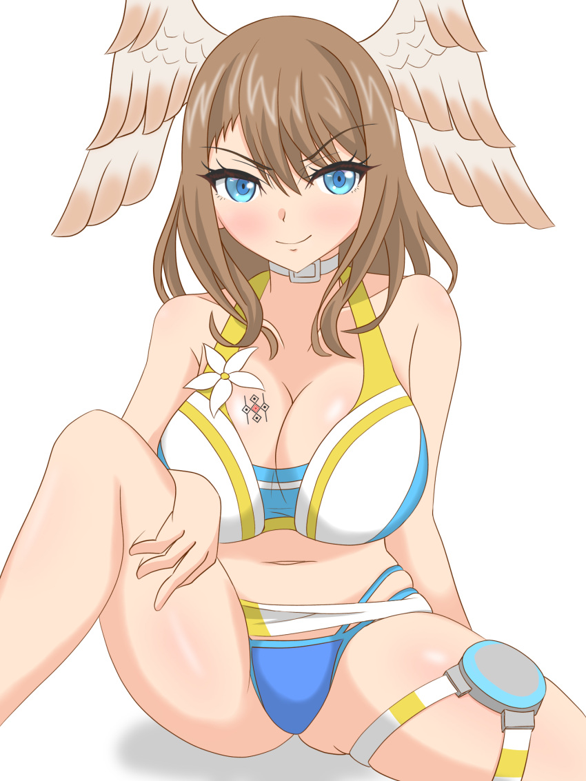 1girl alluring bare_legs big_breasts bikini blue_eyes brown_hair cleavage eunie_(xenoblade) flag_(artist) nintendo pin_up xenoblade_(series) xenoblade_chronicles_3