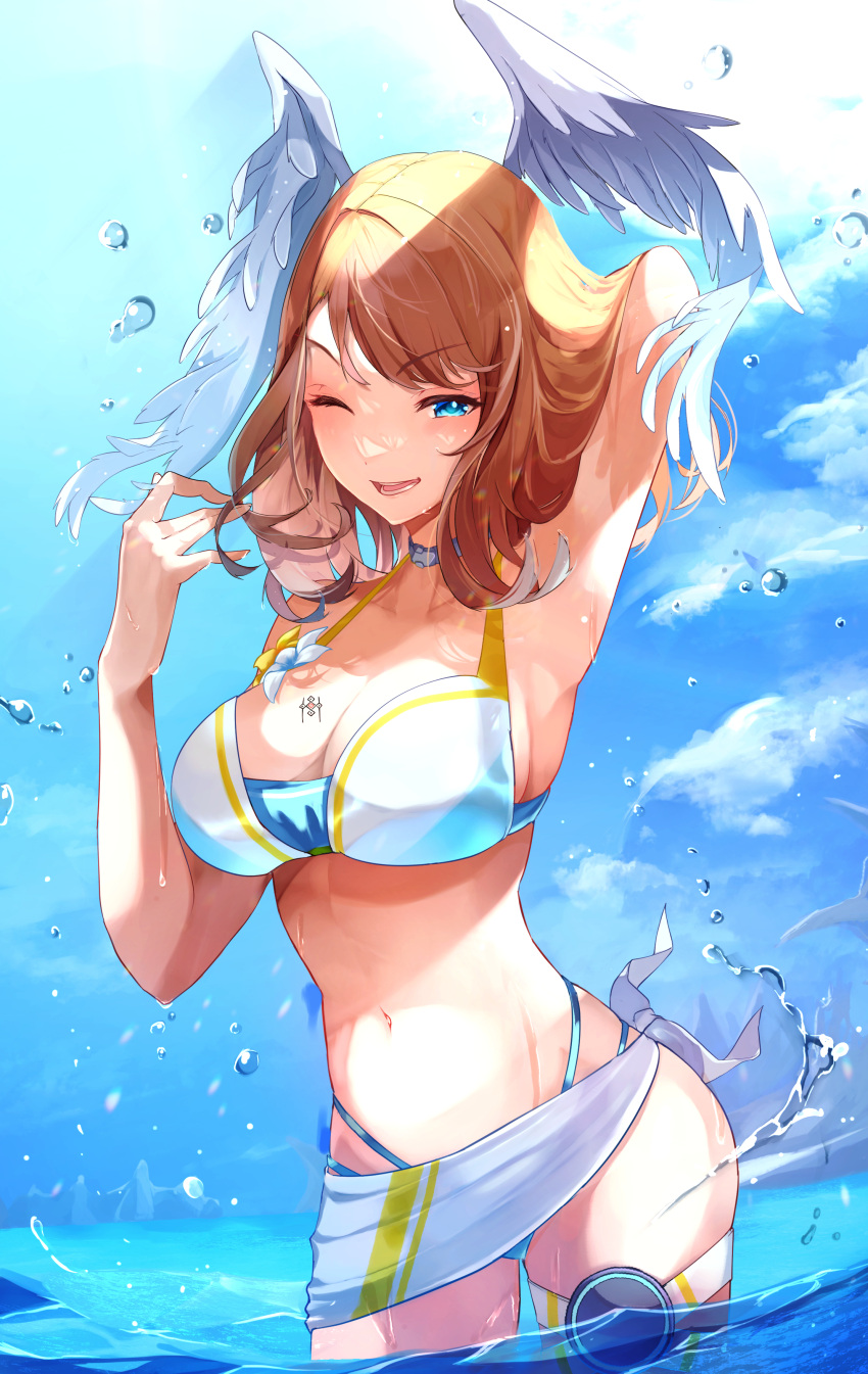 1girls alluring arm_behind_head arms_up big_breasts bikini blue_eyes breast_tattoo brown_hair cleavage eunie_(xenoblade) high_res long_hair midriff navel nintendo one_eye_closed risumi_(taka-fallcherryblossom) sarong sensual smile swimsuit swimwear thick_thighs thighs thong_bikini water wet wings wink xenoblade_(series) xenoblade_chronicles_3