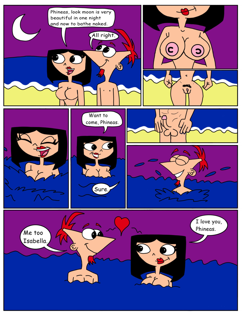 1boy 1girl beach breasts comic heart isabella_garcia-shapiro matiriani28 moon navel night nipples nude_beach penis phineas_and_ferb phineas_flynn skinny_dipping splashing vaginal