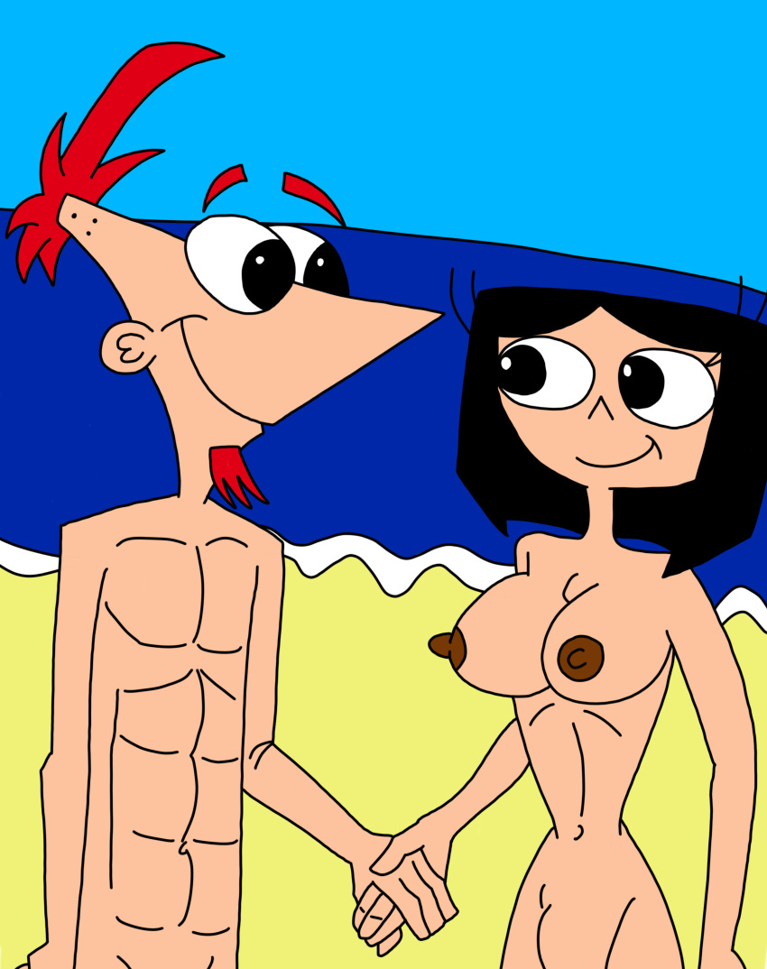 1boy 1girl beach breasts isabella_garcia-shapiro matiriani28 navel nipples nude_beach phineas_and_ferb phineas_flynn