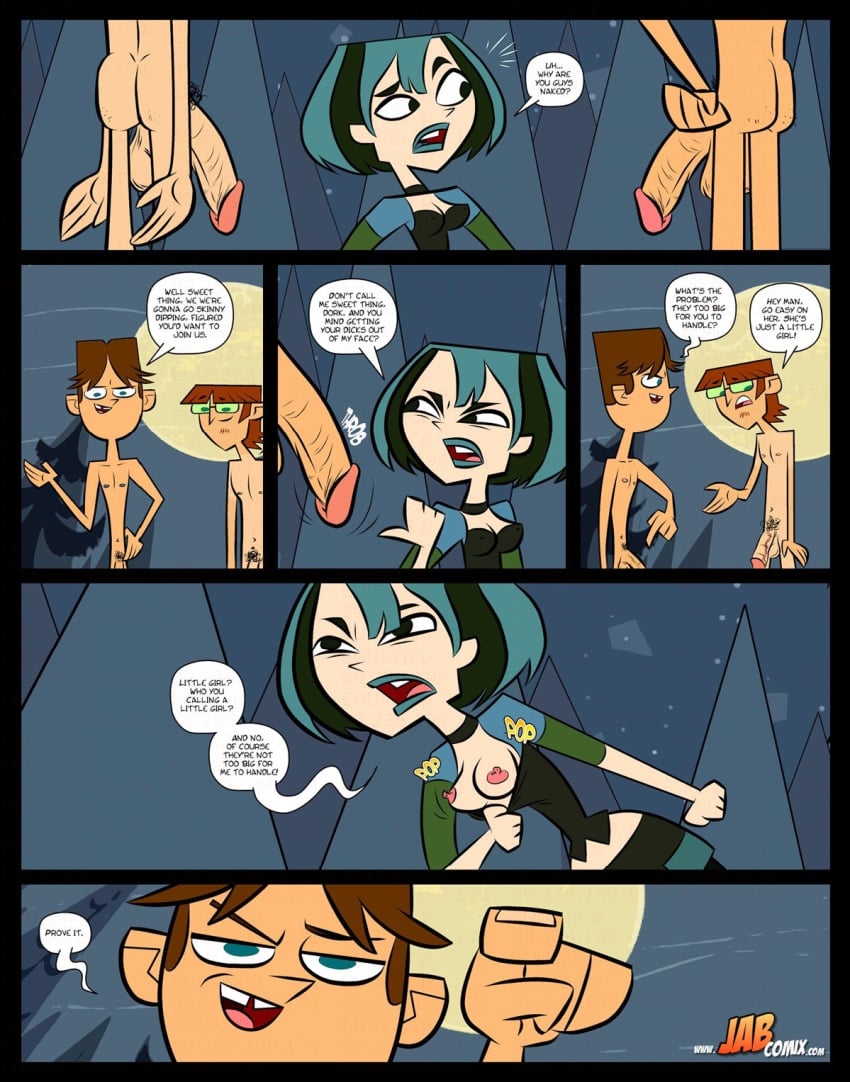 1girl 2boys blue_hair blue_lipstick breasts cleavage cody_(tdi) comic goth gwen_(tdi) harold_(tdi) jab nipples outside penis puberty pubic_hair rickfields straight threesome total_drama_island total_fucking_drama