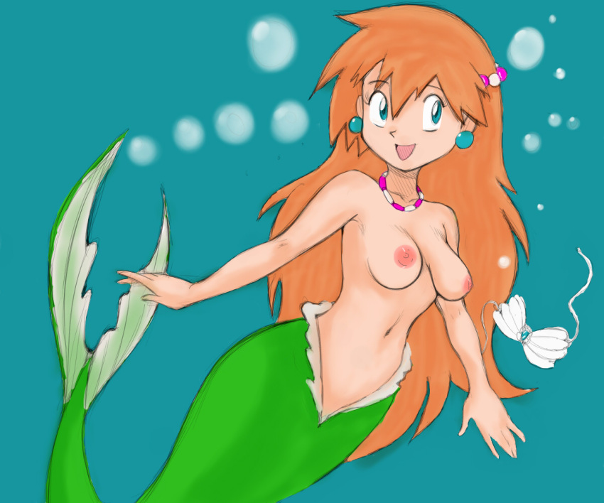 1girl 6:5 accessory alternate_species animal_humanoid areola blue_eyes bra breasts bubble clothing discarded_clothing ear_piercing eyebrows eyelashes female fish fish_humanoid fluffy_(artist) green_background green_body green_scales green_tail gym_leader hair hair_accessory humanoid humanoid_hands jewelry kasumi_(pokemon) long_hair marine marine_humanoid merfolk mermaidification navel necklace nintendo nipples nude open_mouth open_smile orange_hair pale_skin piercing pink_areola pink_nipples pink_tongue pokemon pokemon_trainer scales seashell_bra simple_background slim smile solo split_form swimming tail tongue underwater underwear water