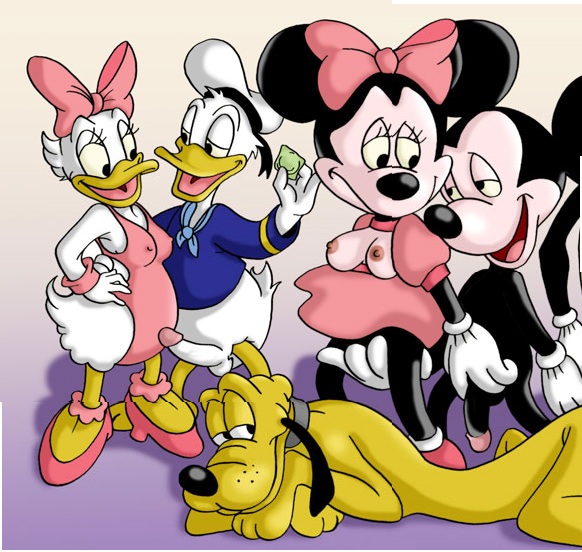 2_girls 3boys alternate_breast_size black_hole_sun daisy_duck disney donald_duck gradient_background male mickey_mouse mickey_mouse_shorts minnie_mouse nipples penis pluto simple_background soft_feathers