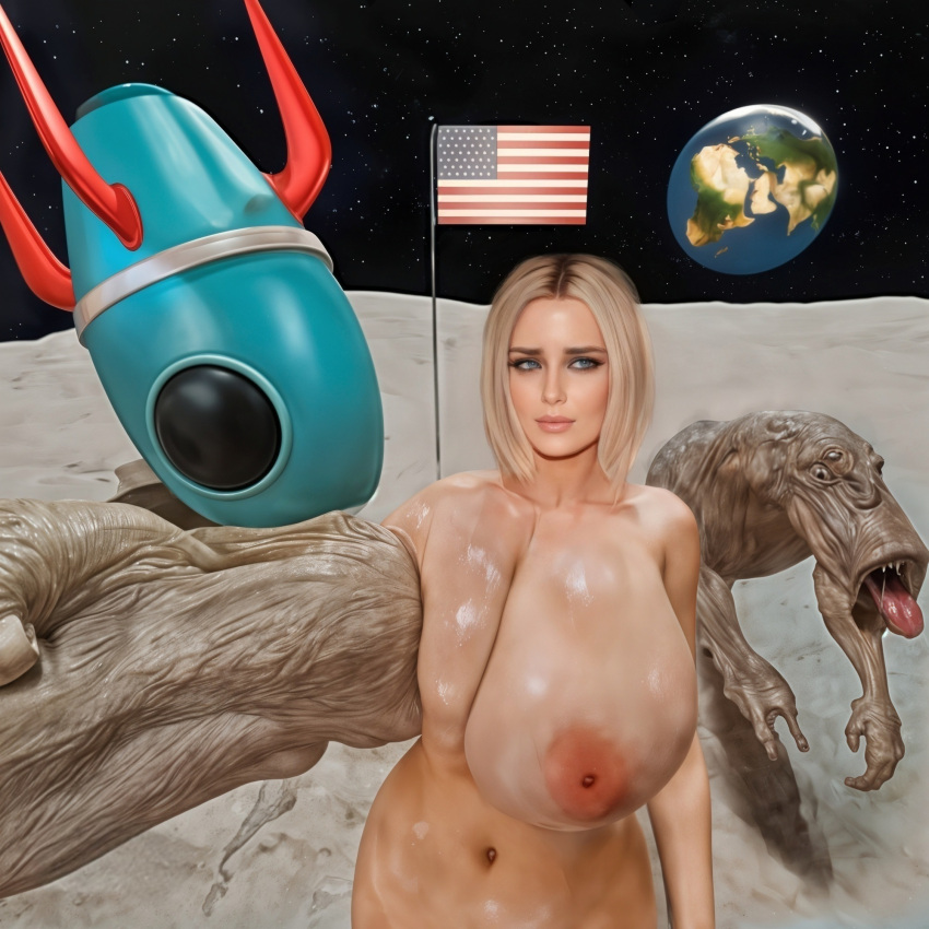 3d ai_assisted ai_generated alien american_flag big_breasts blonde_hair breast_feeding breastfeeding breasts earth massive_breasts monster moon nipples original_character realistic scared space sucking_nipples suckling