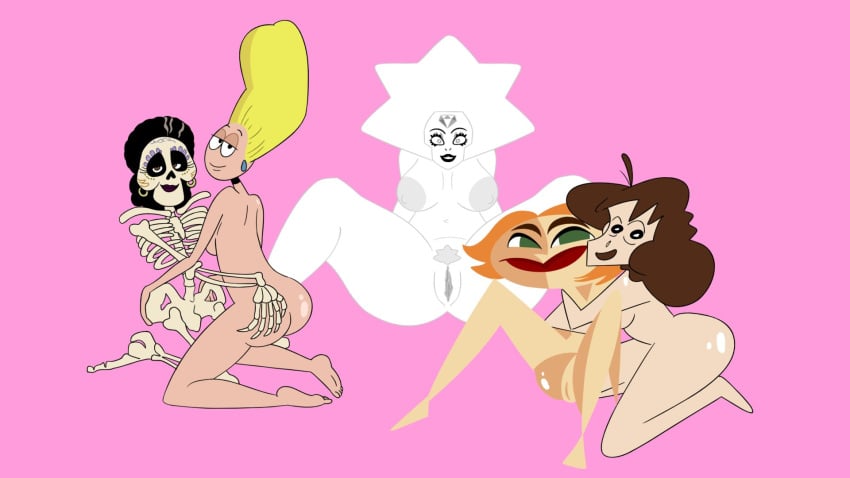 5girls adult_swim anal_fingering cartoon_network chalkzone coco_(movie) crayon_shin-chan diamond_authority gem_(species) imelda_rivera looking_at_viewer milf milfs misae_nohara mrs._x multiple_girls orgy pickles_oblong pixar pussy skeleton spreading_legs steven_universe the_oblongs