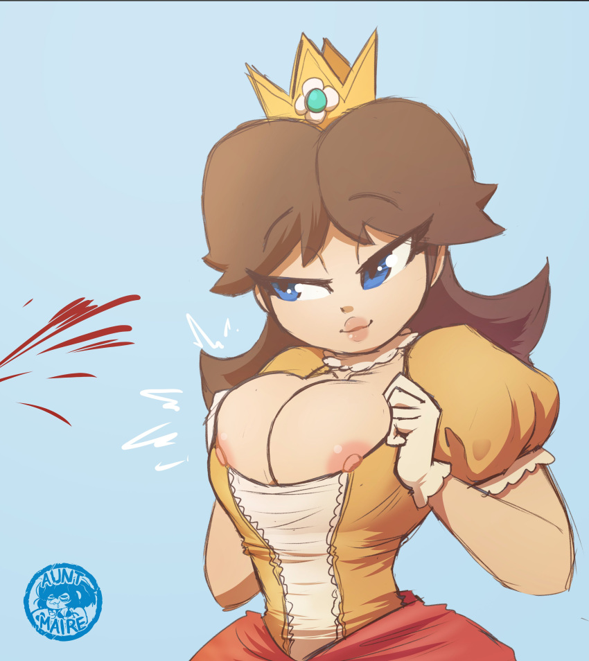 1girl 1girl 1girls areola big_breasts big_breasts b***d blue_background blue_eyes breasts brown_hair cleavage clothing crown dress female_only gloves hair half-closed_eyes inkershike lips looking_at_another mario_(series) nintendo nipple_slip nipples nosebleed offscreen_character princess princess_daisy seductive simple_background standing teasing tight_clothing topless video_games watermark