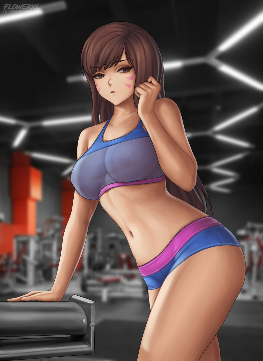 1girl 1girl 1girls 2d adapted_costume animal_print arm_support artist_logo bangs blizzard_entertainment blue_shorts blue_sports_bra blurry blurry_background breasts brown_eyes brown_hair bunny_print cleavage cleavage_cutout clenched_hand clothing_cutout collarbone commentary cowboy_shot d.va detailed_background english_commentary exercise_machine facepaint facial_mark flowerxl gym hana_song indoors long_hair looking_at_viewer medium_breasts midriff navel nipples_visible_through_clothing no_headwear overwatch overwatch_2 pants parted_lips shorts skin_tight sports_bra swept_bangs tight tight_pants whisker_markings widescreen