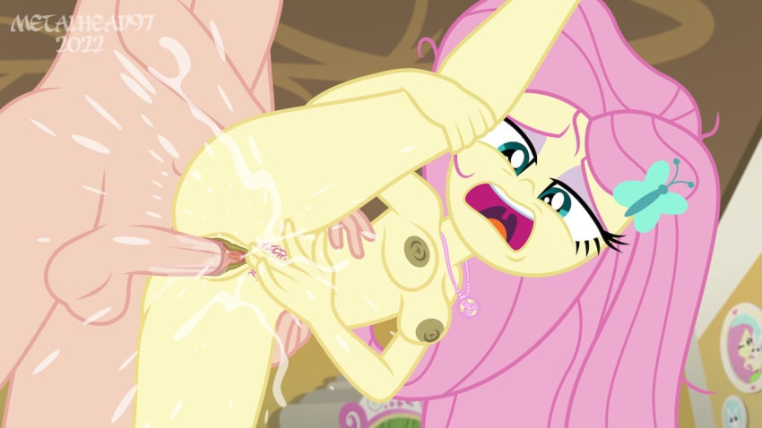 breasts equestria_girls female_ejaculation fluttershy_(eg) friendship_is_magic green_eyes masturbation masturbation_while_penetrated metalhead97 my_little_pony nipples open_mouth orgasm orgasm_face penis pink_hair pubic_hair pussy pussy_juice sex yellow_skin