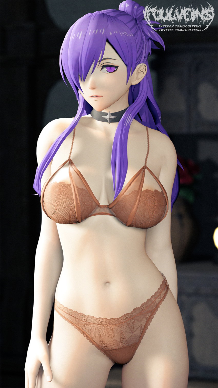 1girl 1girl 1girl 3d alluring big_breasts choker disinterested emotionless female_only fire_emblem fire_emblem:_three_houses fire_emblem_warriors fire_emblem_warriors:_three_hopes foulveins hair_over_one_eye long_hair looking_at_viewer nintendo purple_eyes purple_hair shez_(fire_emblem) shez_(fire_emblem)_(female)