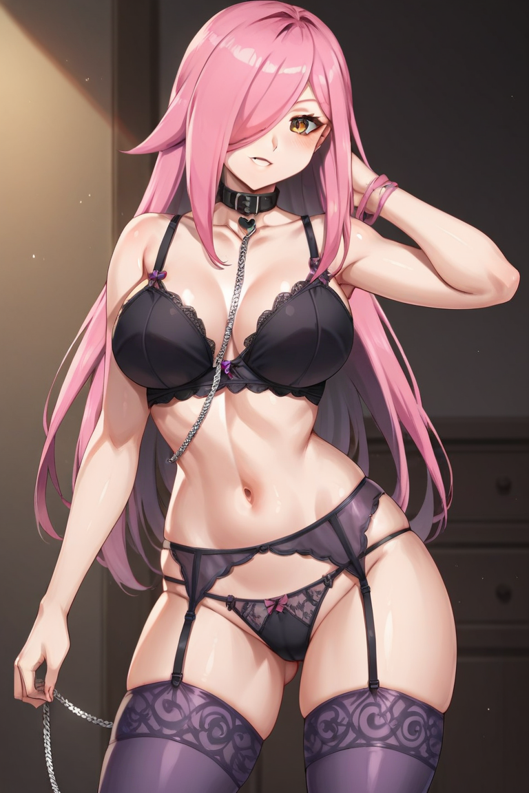 1girl ai_generated bed big_breasts bra cleavage lingerie long_hair nenefthivt on_bed panties pink_hair solo tagme underwear vtuber yellow_eyes