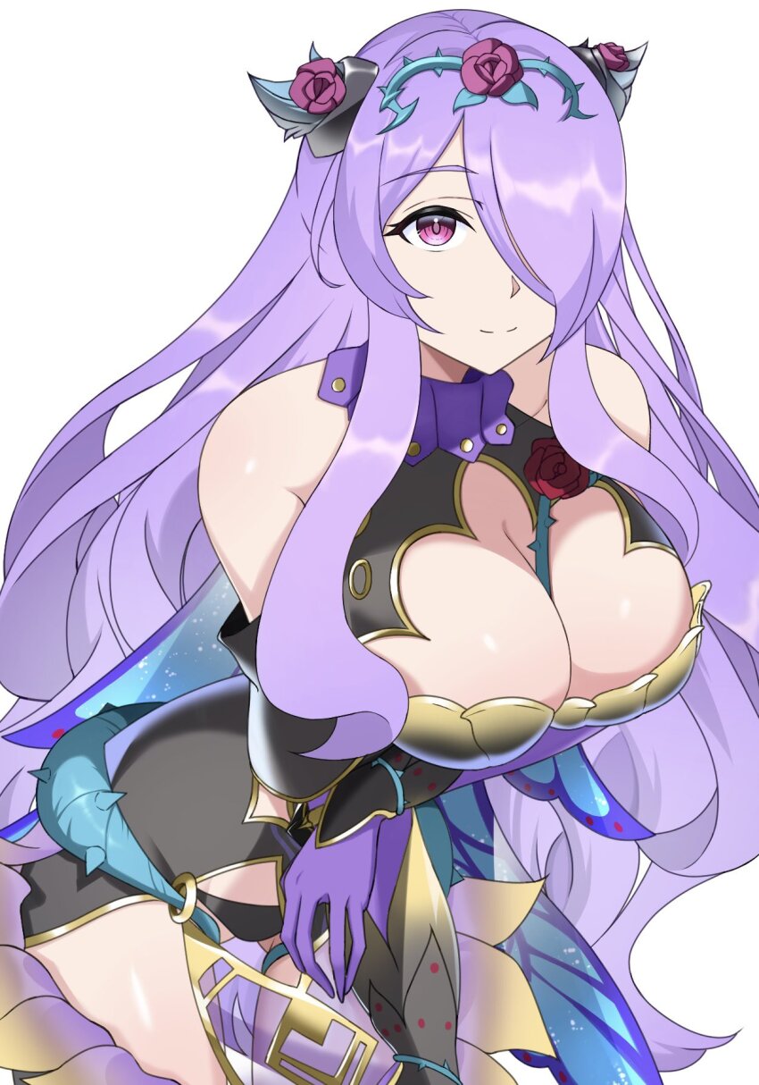 1girl alluring big_breasts camilla_(fire_emblem) camilla_(resplendent)_(fire_emblem) cleavage fire_emblem fire_emblem_fates fire_emblem_heroes hair_over_one_eye high_res long_hair nintendo ondur purple_eyes purple_hair