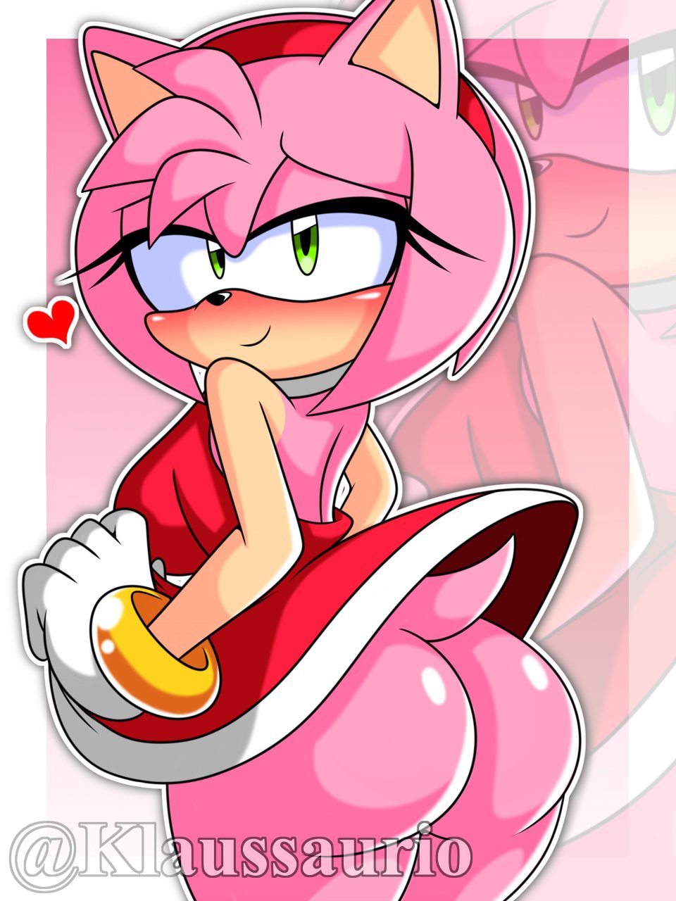 1girl 1girl amy_rose ass blush cute_ass exposed_ass exposed_butt female_only furry_female gloves green_eyes heart hedgehog hedgehog_ears hedgehog_girl klaussaurio nice_ass no_panties pink_hair pink_skin red_dress sega sega sonic_the_hedgehog_(series) tagme twitter twitter_username white_gloves