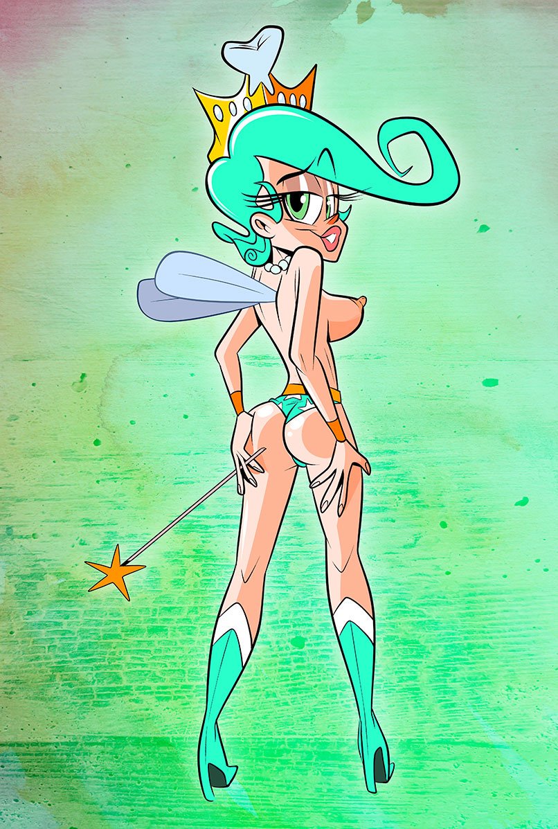 1girl 1girl ass fairy green_eyes green_hair looking_back nickelodeon panties straight_hair the_fairly_oddparents themrock tooth_fairy topless underwear wings